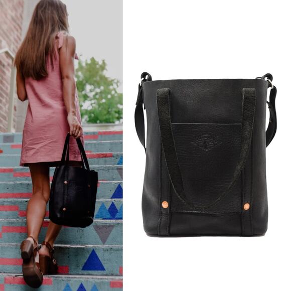 Haiti Made Mini Travay Upright Saddle Black Leather Tote Bag Purse Front Pocket - Picture 1 of 12